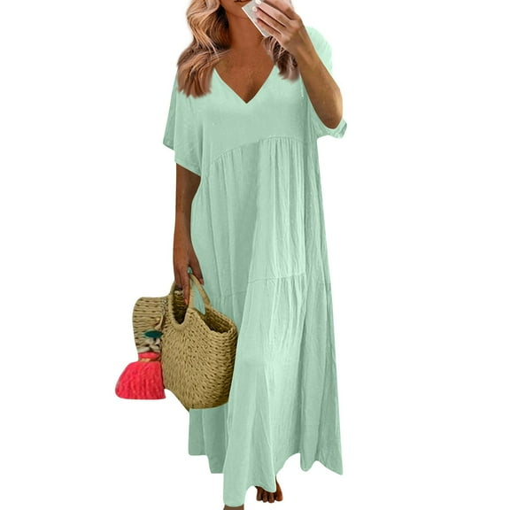 Cowgirl Dress, Casual Linen V Neck Short Sleeves Loose Long Maxi Swing Dress Plus Size Beach Wedding Guest Vacation Midi Sundress Elegant Dresses For Women Dresses Denim (XXL, Mint Green) ZMTing