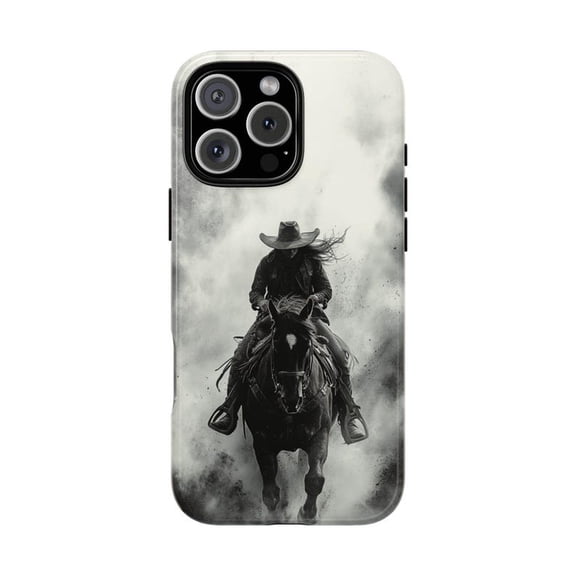 Cowgirl Dust Storm Western Horse Rider Scene Artwork Phone Case with iPhone 11 to 17 Pro Max