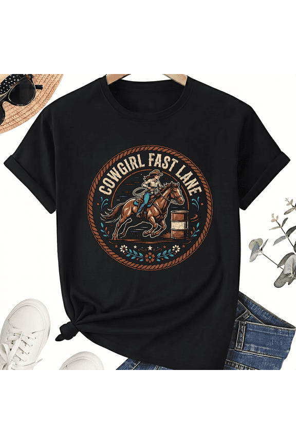 Cowgirl Fast Lane Barrel Racer Graphic T-Shirt, Cotton Tee