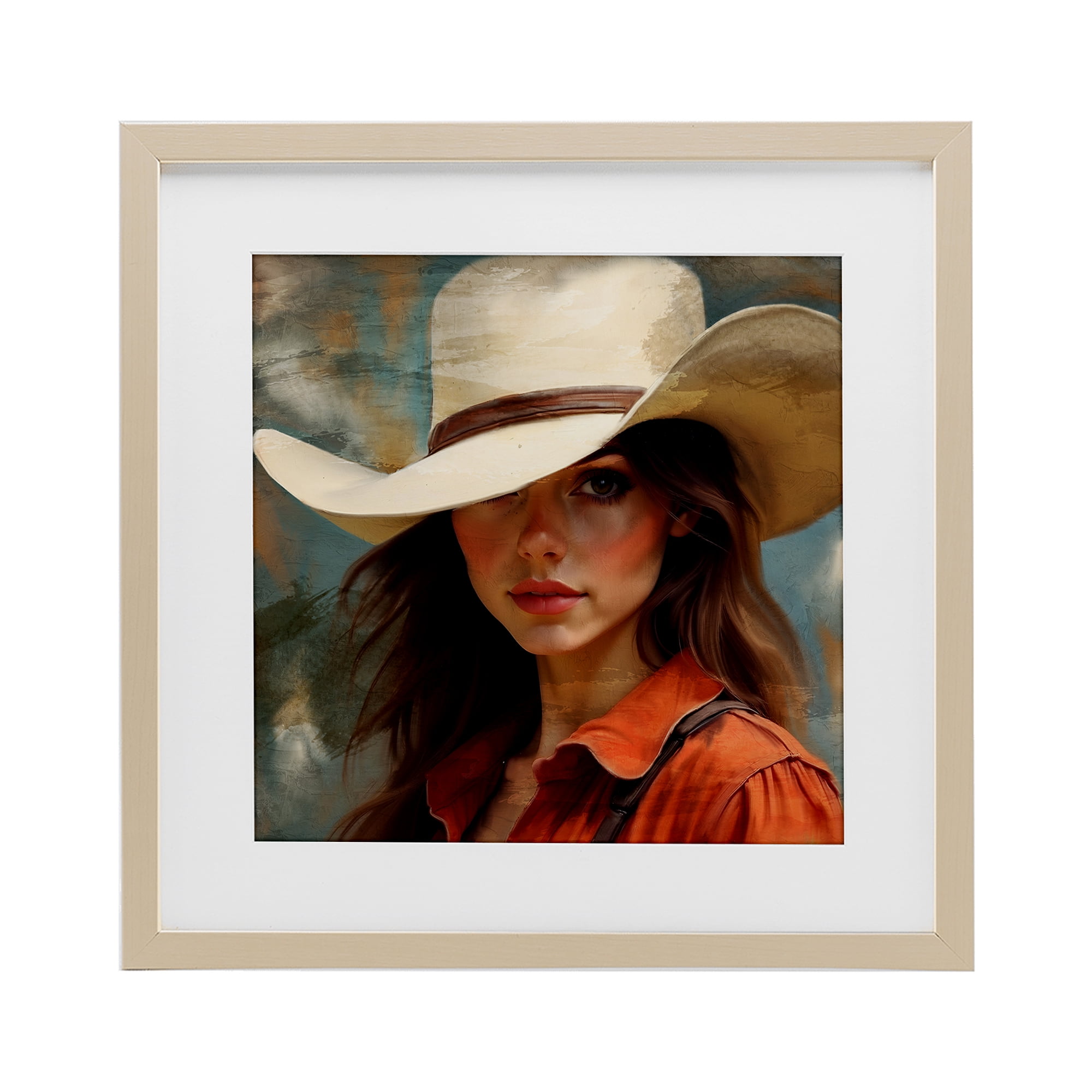 Cowgirl Gaze Beneath Hat Birch Framed Print Under Glass, design by Kim Allen