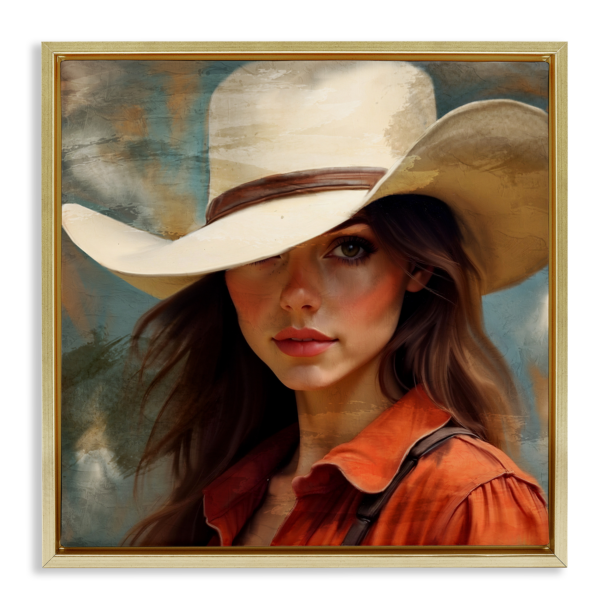 Cowgirl Gaze Beneath Hat Gold Framed Floater Canvas Wall Art, design by Kim Allen