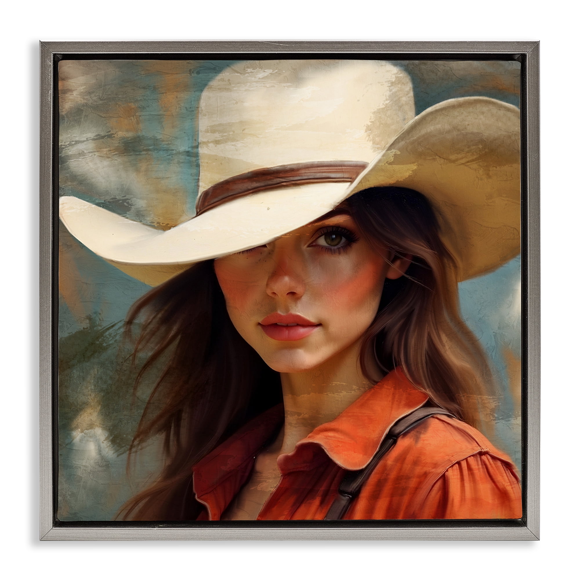 Cowgirl Gaze Beneath Hat Gray Framed Floater Canvas Wall Art, design by Kim Allen