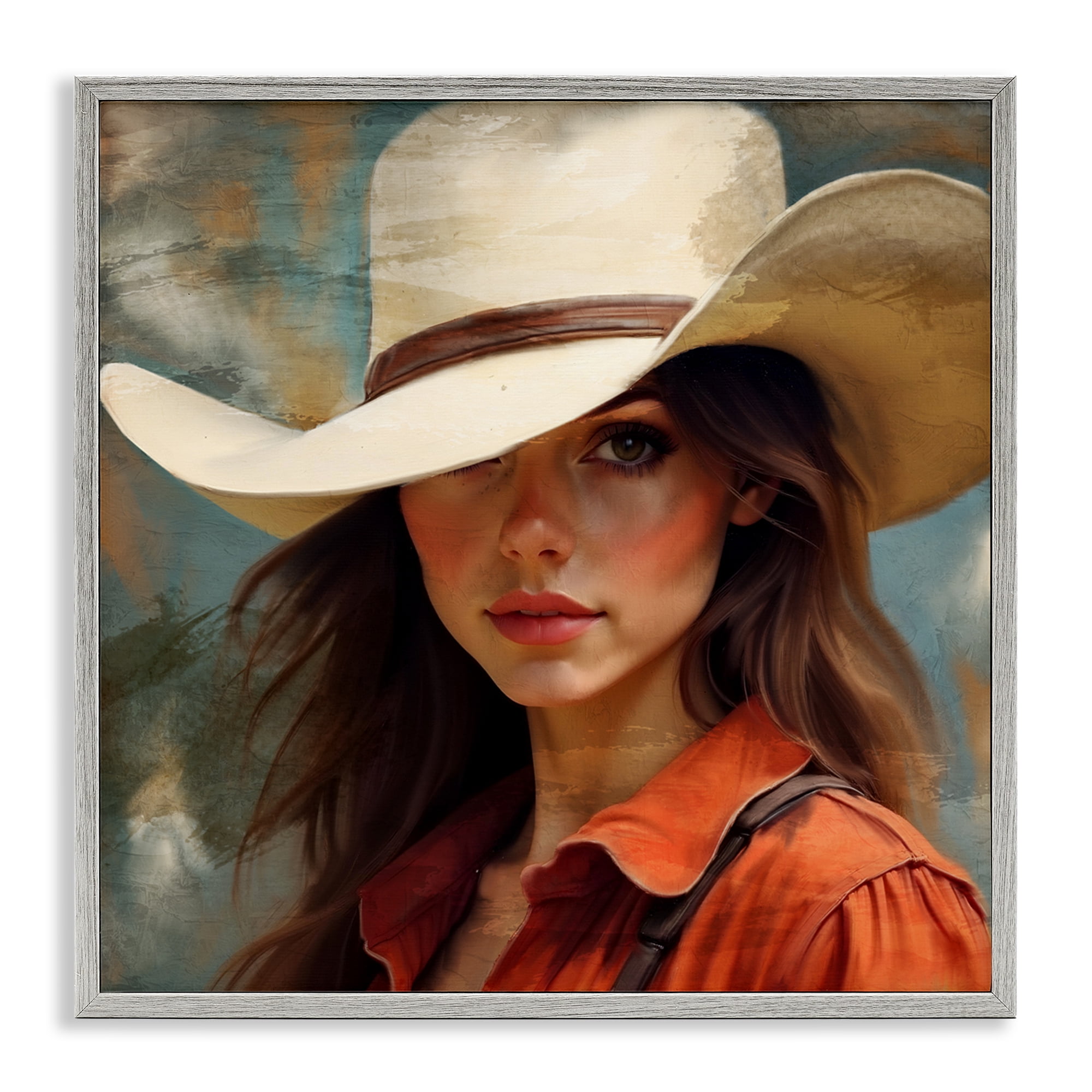 Cowgirl Gaze Beneath Hat Gray Framed Giclee Art, design by Kim Allen