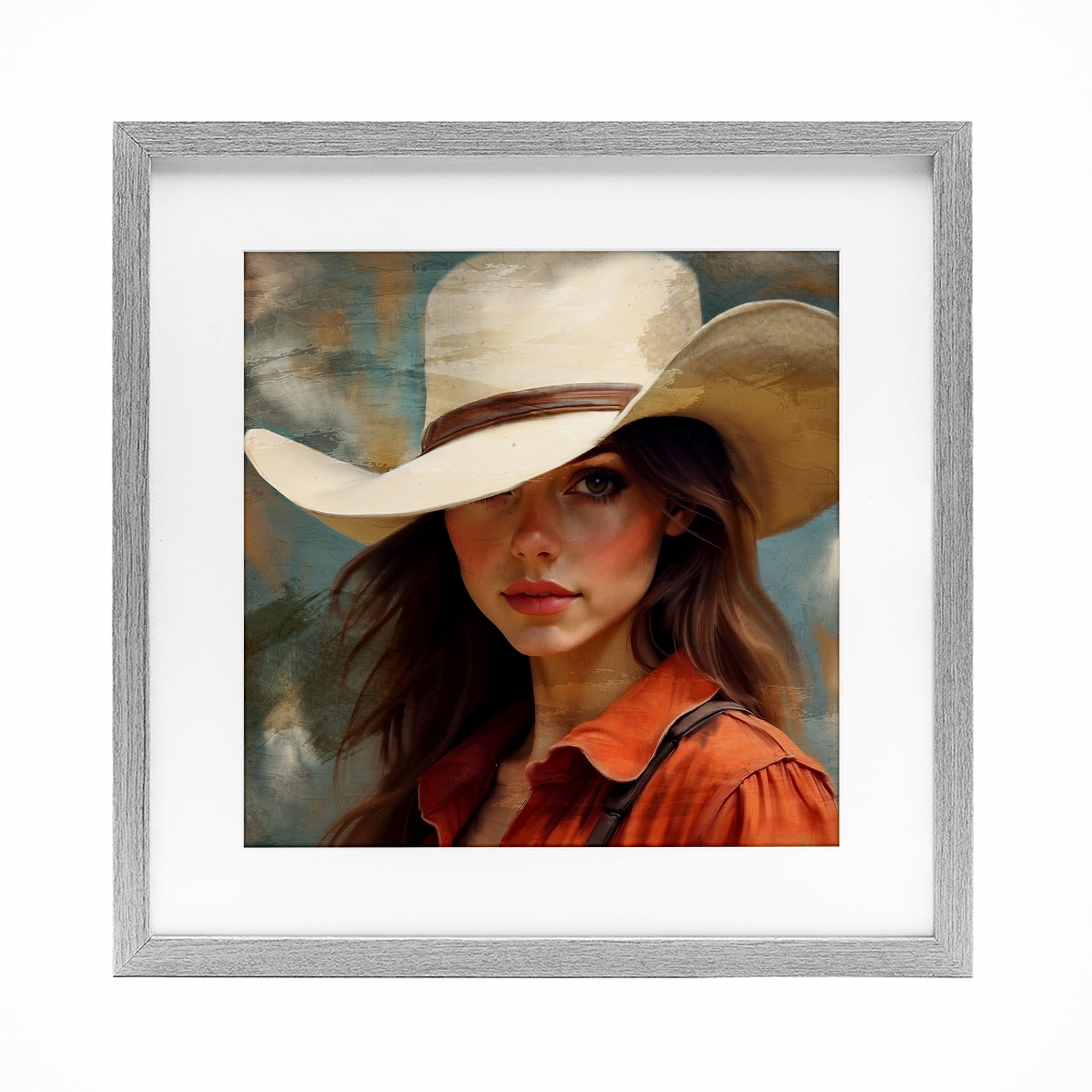 Cowgirl Gaze Beneath Hat Gray Framed Print Under Glass, design by Kim Allen
