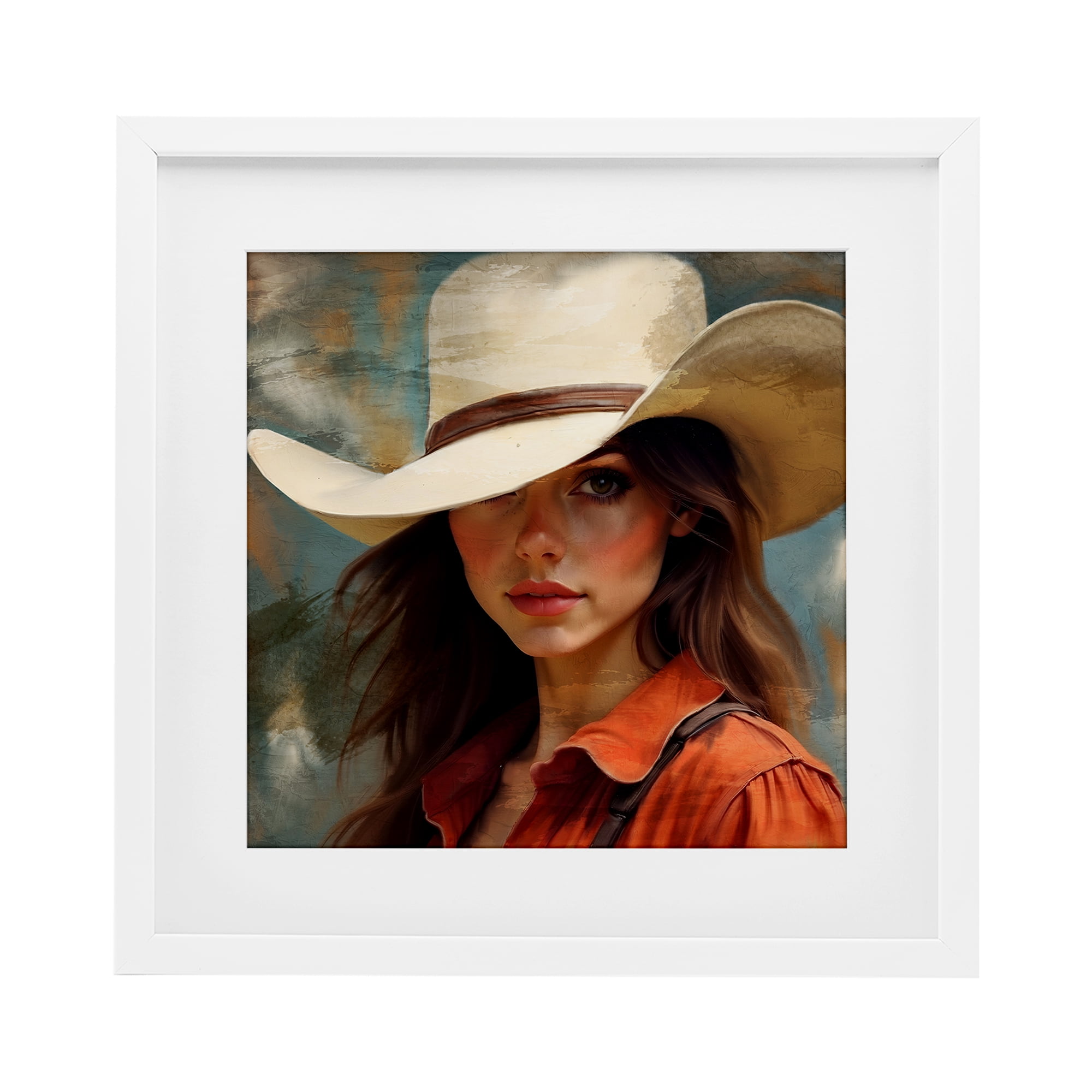 Cowgirl Gaze Beneath Hat White Framed Print Under Glass, design by Kim Allen