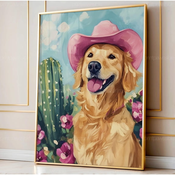 Cowgirl Golden Retriever Print Preppy Western Dog Art Cute Cowboy Pup Wall Decor Printable Unframed Paper Print