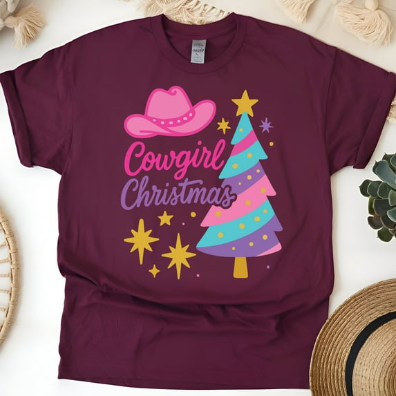 Cowgirl Graphic Tee | Western Hat and Tree Design Shirt | Unisex Casual T-Shirt, Maroon, Size M
