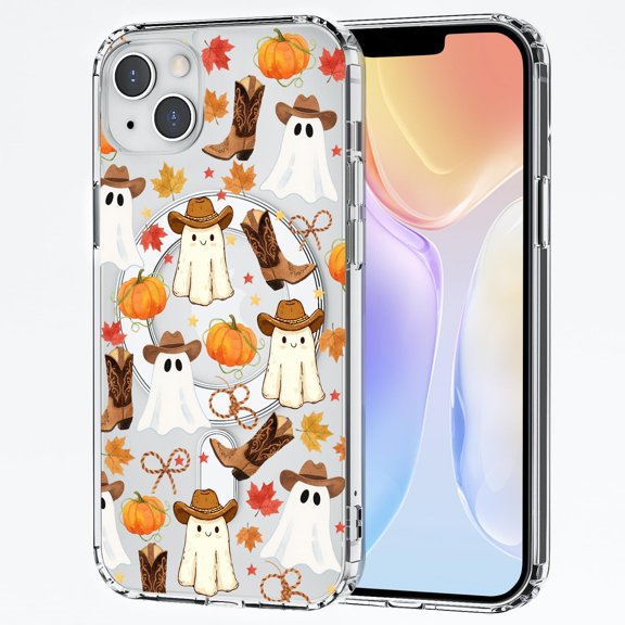 Cowgirl Halloween Ghost Case for iPhone 14 Leaf Pumpkin Clear Phone Cover Compatible with Mag Safe Wireless Slim Aesthetic Western Shell NoYellow Shockproof Protective Girl