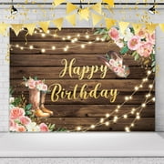 Cowgirl Happy Birthday Backdrop for Photography Western Farmhouse Rustic Wooden Floral Hat Boot Country Brown Background Party Decorations Cake Table Banner Decor Photo Booth Studio Props