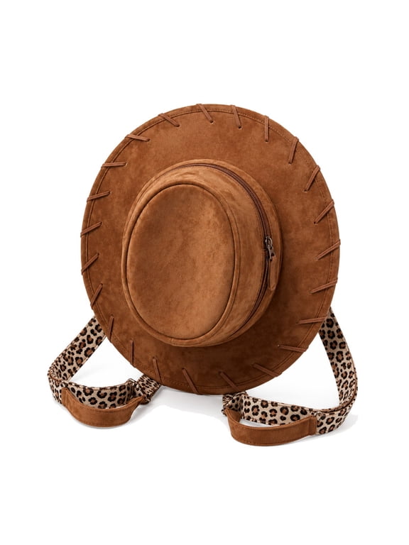 Cowgirl Hat Shaped Backpack, Unique Western Style Cowboy Hat Backpack, Adjustable Shoulder Leopard Straps, for Women