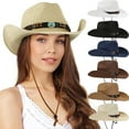 thumbnail image 1 of Cowgirl Hat for Women Men Western Straw Cowboy Hats Packable Wide Brim Beach Summer Sun Cap with Decorative Band, 1 of 3