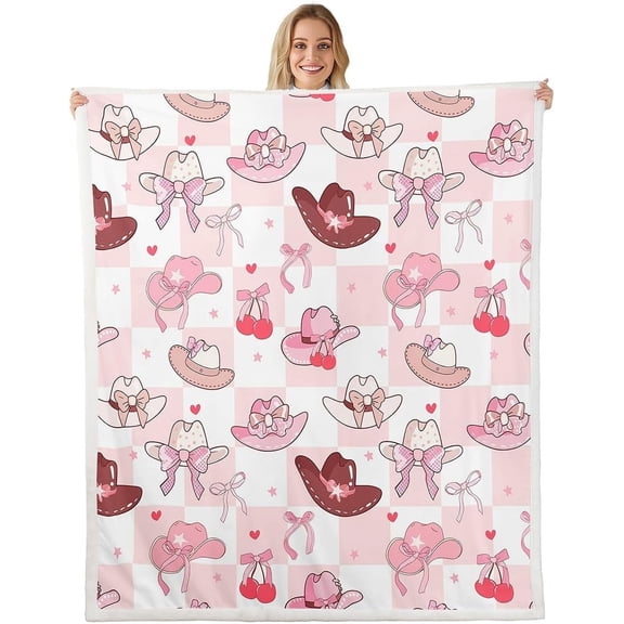 Cowgirl Hats Flannel Blanket Pink Bowknots Sweet Cherry Starry Fleece Throw Blanket for Room Decor,Princess Style Pink White Plaids Patchwork Bed Blanket for Bed Sofa Couch,Baby 30"x40"