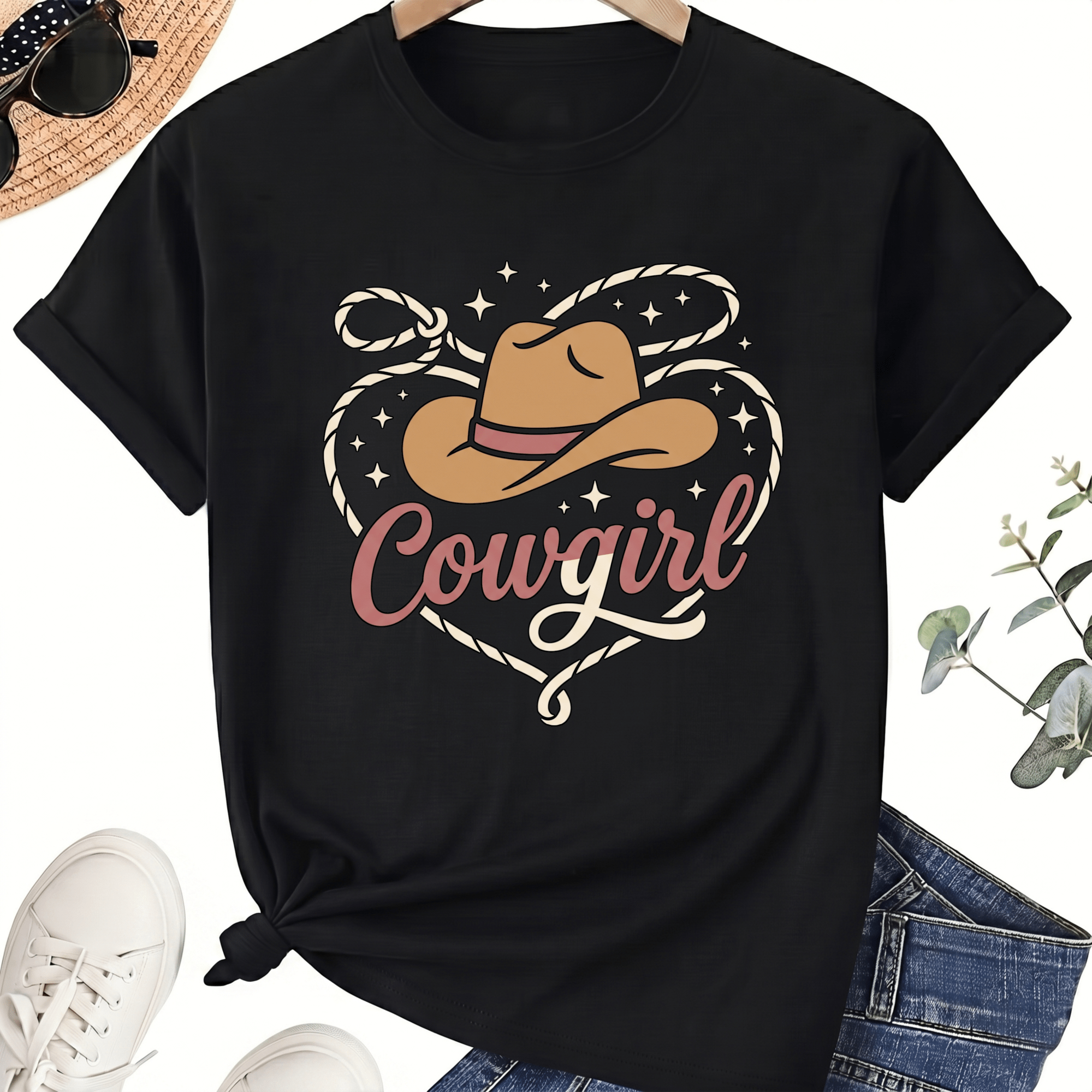 Cowgirl Heart Graphic Tee, Western Hat and Rope Cotton Shirt