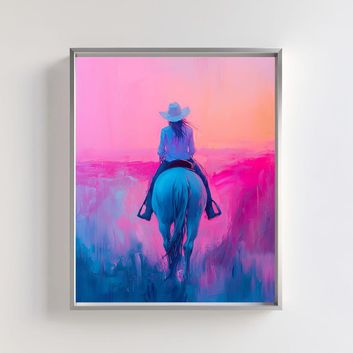 Cowgirl On Horse Art, Western Sunset Print, Vibrant Ranch Life Wall Art ...