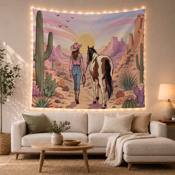 Cowgirl with Horse on Desert Trail by Saguaro Cacti at Sunset, Serene Retro for Western Art Lovers, Western Country Decor Wall Art, Birthday Gift Tapestry Wall Hanging for Bedroom and Living Room