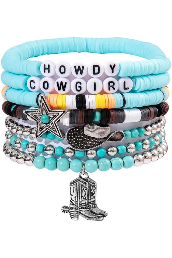 Cowgirl Howdy Surfer Heishi Clay Bead Bracelets Western Cowboy Boots Hat for Women Men Bohemian Stackable Silver Beaded Stretch Bracelets Elastic Layering Friendship Bracelet Set Boho Jewelry