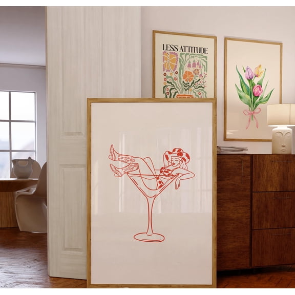 Cowgirl In Martini Glass Print Western Pin-Up Wall Arttrendy Print Wall Decor Cocktail Poster Print Red Poster Rodeo Girl , Poster Print Only