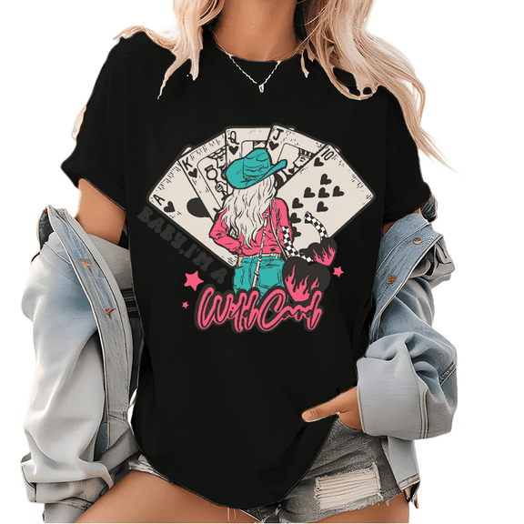 Cowgirl Lucky Pattern T Shirts Western Cowgirl Graphic Tees Turquoise Western Design Pattern Short Sleeve Casual Tops for Daily Outfits Black,S