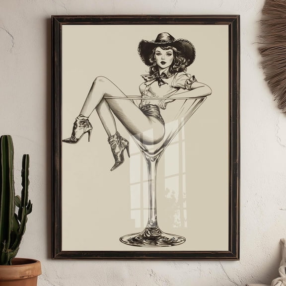 Cowgirl Martini Art Print, Vintage Western Pin,Up Bar Decor 8X10 Home Decor #3065, Unframed Poster Size 8x12