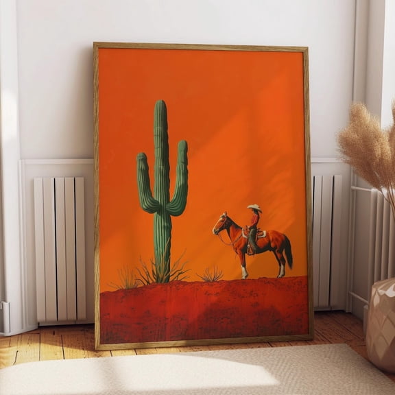 Cowgirl Minimalist Boho Western Illustration, Vintage Southwestern Boho Art, Cowboy Wall Print, Terracotta Sunset, Retro Cowboy Cowgirl Art UNFRAMED PAPER POSTER, Home Decor