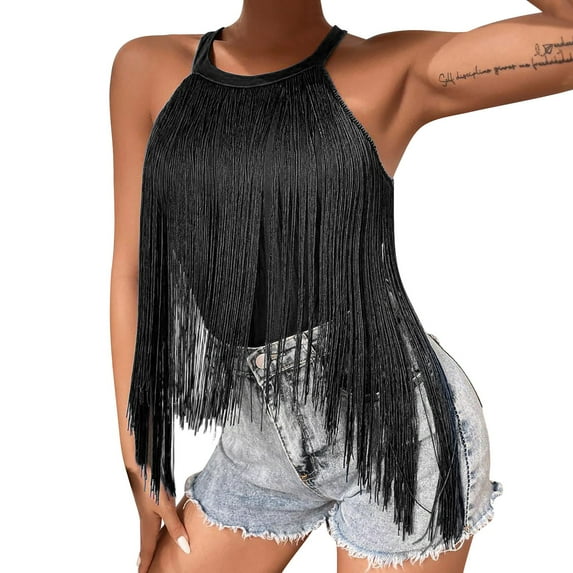 Cowgirl Outfits for Women, Yigetop Women's Tassel Trim Sleeveless Neck Bodysuit Top Fringe Tops for Women Black M