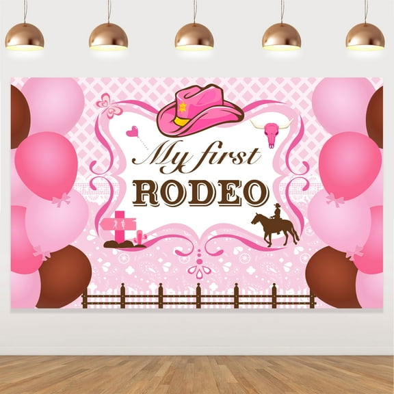 Cowgirl Party Decorations, 1st Birthday Backdrop Decor, My First Rodeo Background Cloth Decor for Girl, Western Cowgirl Rodeo Theme 1st Birthday Party Supplies with Horse Balloon Print Backdrop