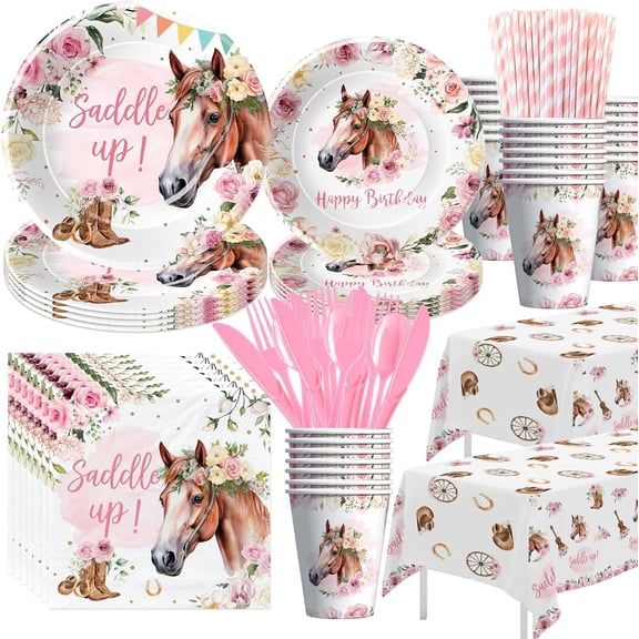 Cowgirl Party Decorations Tableware - Horse Theme Saddle Up Party Supplies, Plate, Cup, Napkin, Cutlery, Tablecloth, West Cowgirl Birthday Shower Decorations | Serve 24
