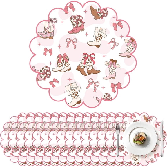 Cowgirl Party Paper Placemats Scalloped Pink Bow Paper Placemat Disposable Coquette Decorative Table Mat for Western Themed Party Decoration