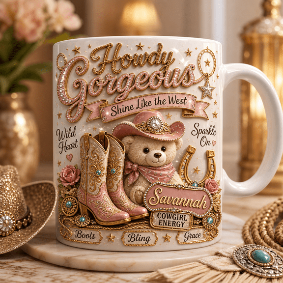 Cowgirl Personalized Coffee Cup, Western Glam Mug Gift for Rodeo Lover or Boot Bling Fan