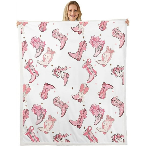Cowgirl Pink White Fleece Blanket,Western Tribal Horseshoe Boots Hats Bed Blanket for Adults Teens,Princess Style Pink Bowknots Cherry Starry Room Decor,Super Soft Flannel Blanket,40"x50"