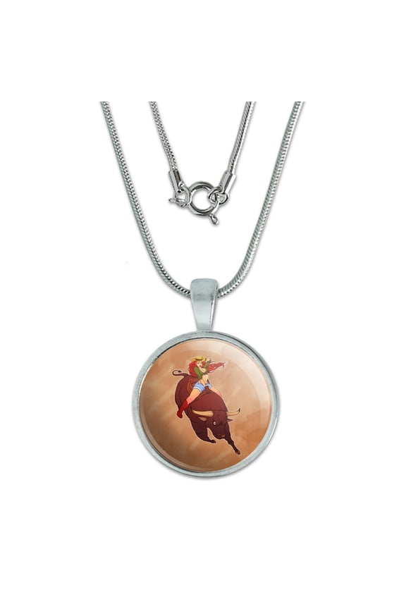 Cowgirl Pinup Riding Bucking Bull Rodeo 0.75" Pendant with Sterling Silver Plated Chain
