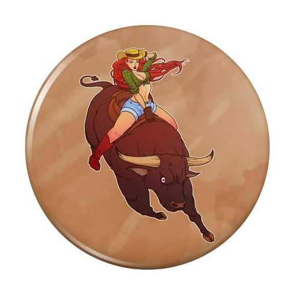 Cowgirl Pinup Riding Bucking Bull Rodeo Kitchen Refrigerator Locker Button Magnet