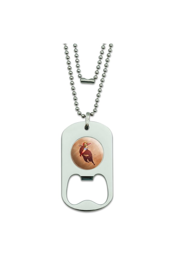 Cowgirl Pinup Riding Bucking Bull Rodeo Military Dog Tag Bottle Opener Pendant
