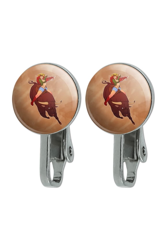 Cowgirl Pinup Riding Bucking Bull Rodeo Novelty Clip-On Stud Earrings