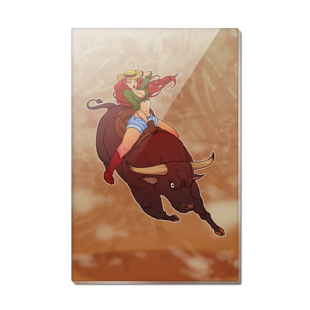 Pinup Rodeo Cowgirl Pinup Riding Bucking Bull Rodeo Rectangle Acrylic Fridge ...