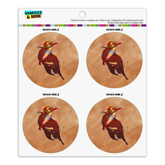 Cowgirl Pinup Riding Bucking Bull Rodeo Refrigerator Fridge Locker Vinyl Circle Magnet Set