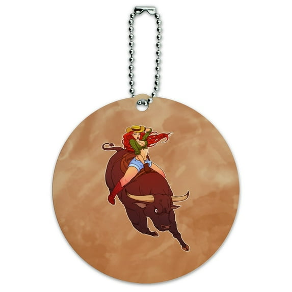 Cowgirl Pinup Riding Bucking Bull Rodeo Round Luggage ID Tag Card Suitcase Carry-On