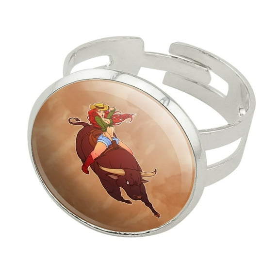 Cowgirl Pinup Riding Bucking Bull Rodeo Silver Plated Adjustable Novelty Ring