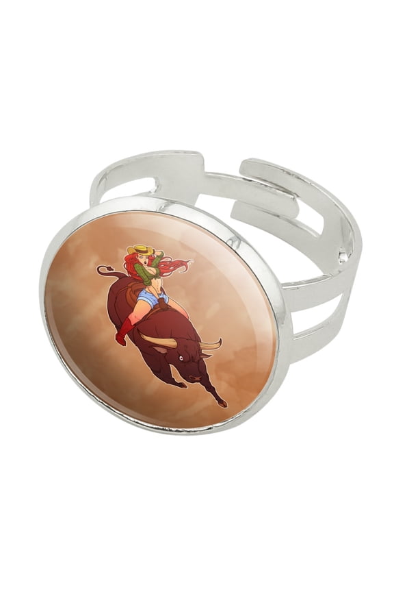 Cowgirl Pinup Riding Bucking Bull Rodeo Silver Plated Adjustable Novelty Ring