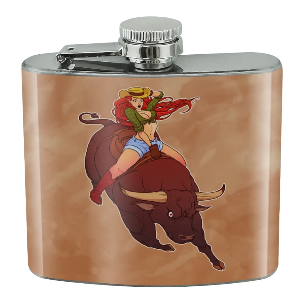 Pinup Rodeo Cowgirl Pinup Riding Bucking Bull Rodeo Stainless Steel 5oz Hip Drink ...