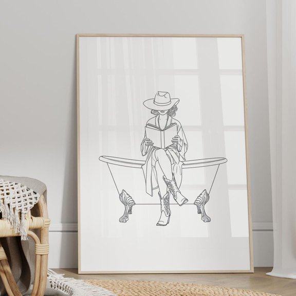 Cowgirl Reading In Bathtub Line Woman Western Boots Hat Bathroom Illustration Minimalist Drawing Decor, Unframed Poster
