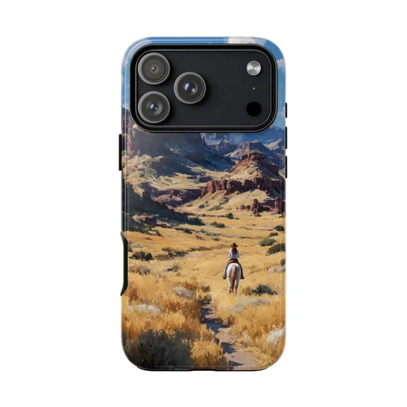 Cowgirl Riding Horse Desert Scene Phone Case Retro Western Artwork for iPhone 17 16 15 14 13 12 11 Pro Max