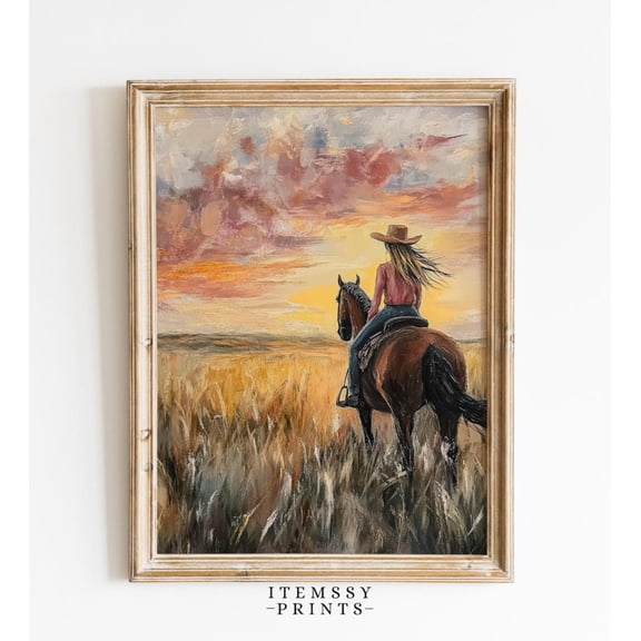 Cowgirl Riding Horse Wall Art, Rustic Western Sunset Farmhouse, Poster, Kitchen Living Room Home Decor, Country Horse Artwork, 8x12 UNFRAMED