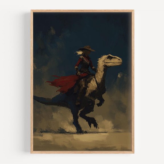 Cowgirl Riding Raptor Wall Art Western Dinosaur Fantasy Print