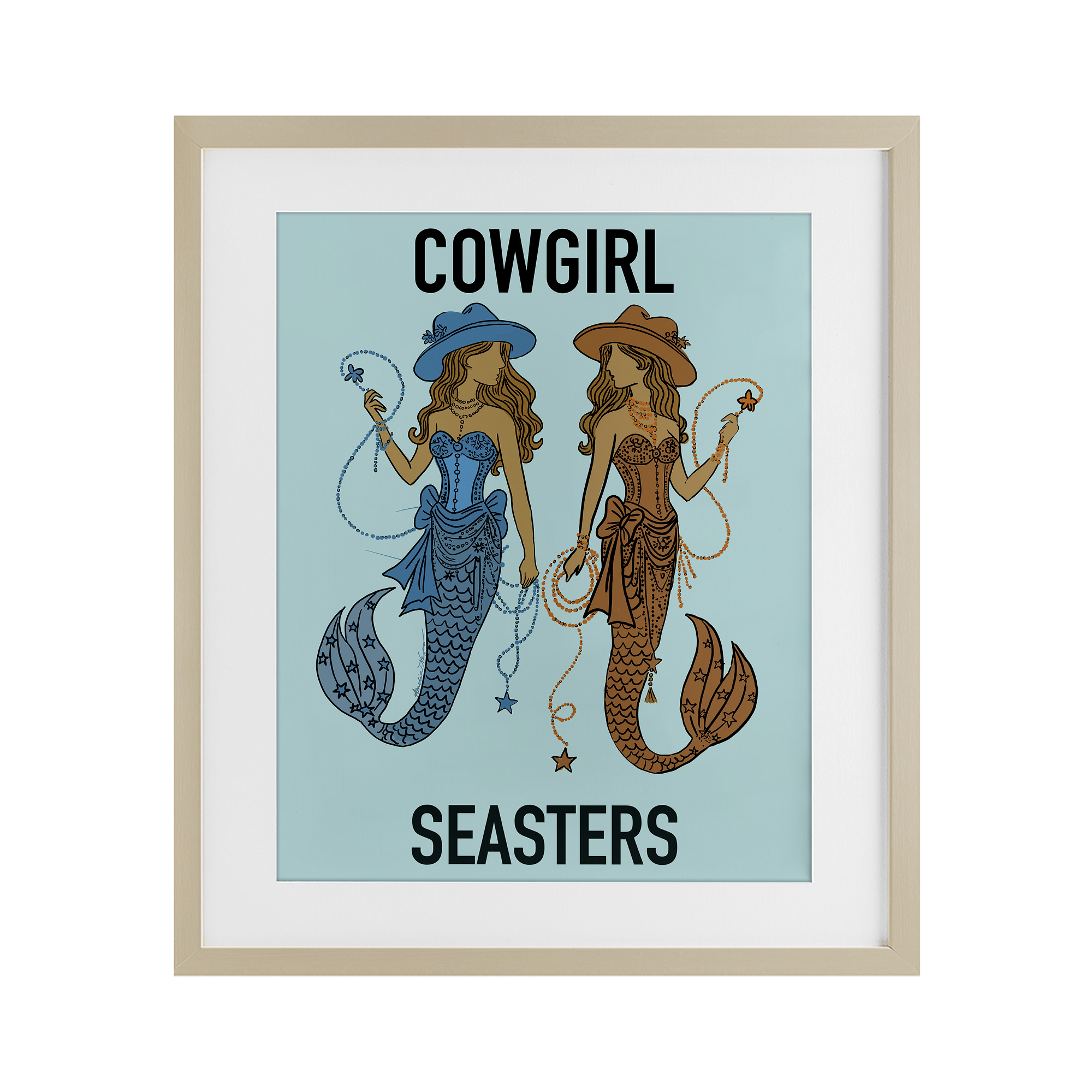 Cowgirl Seasters Mermaid Friendship Birch Framed Print Under Glass, design by Amelia Noyes