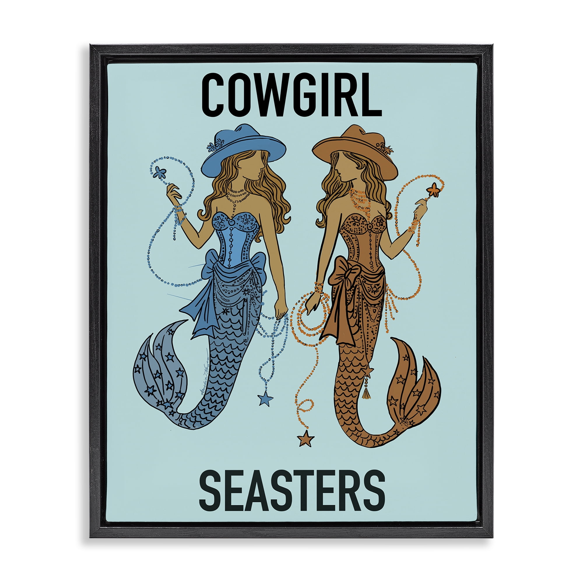 Cowgirl Seasters Mermaid Friendship Black Framed Floater Canvas Wall Art, design by Amelia Noyes