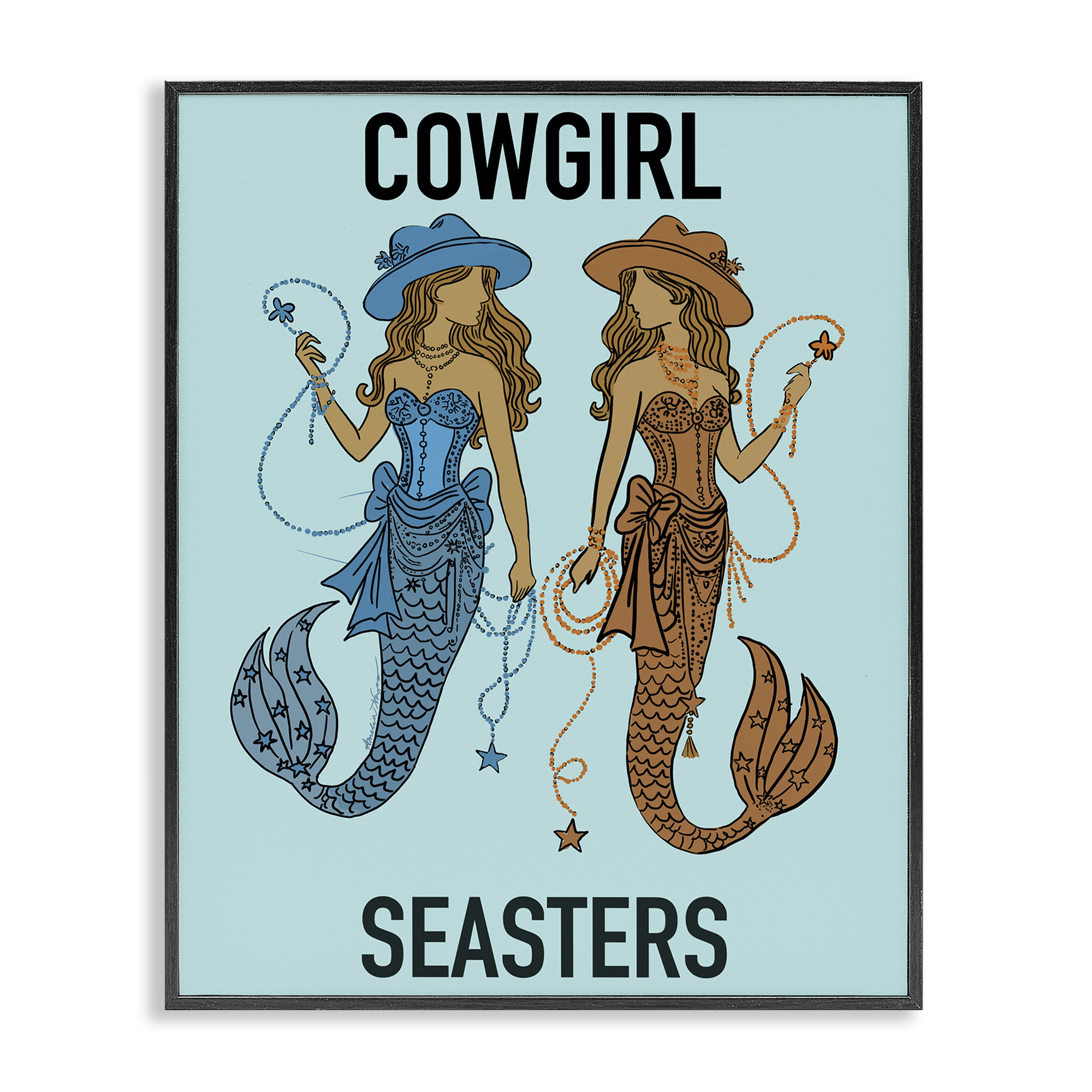 Cowgirl Seasters Mermaid Friendship Black Framed Giclee Art, design by Amelia Noyes