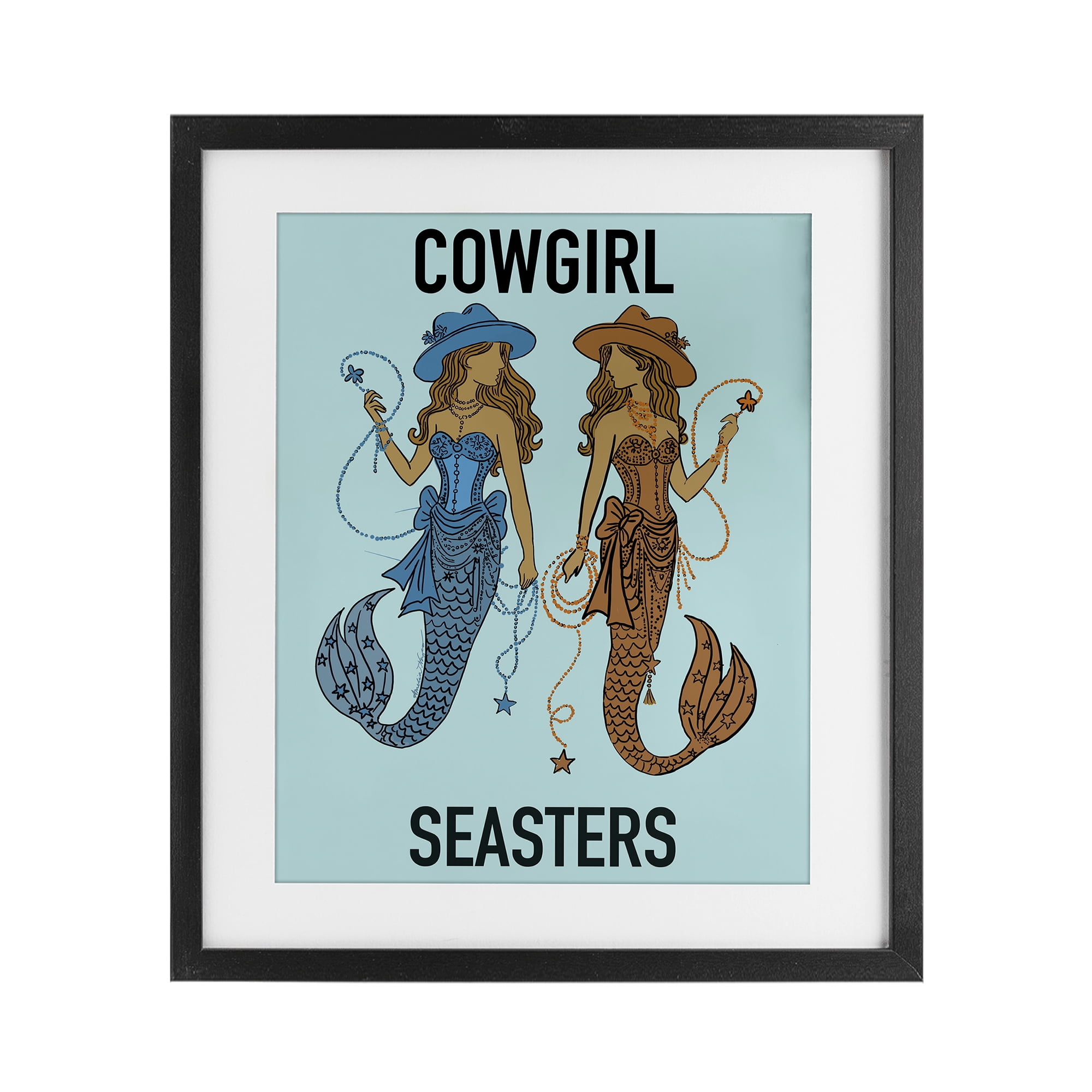Cowgirl Seasters Mermaid Friendship Black Framed Print Under Glass, design by Amelia Noyes