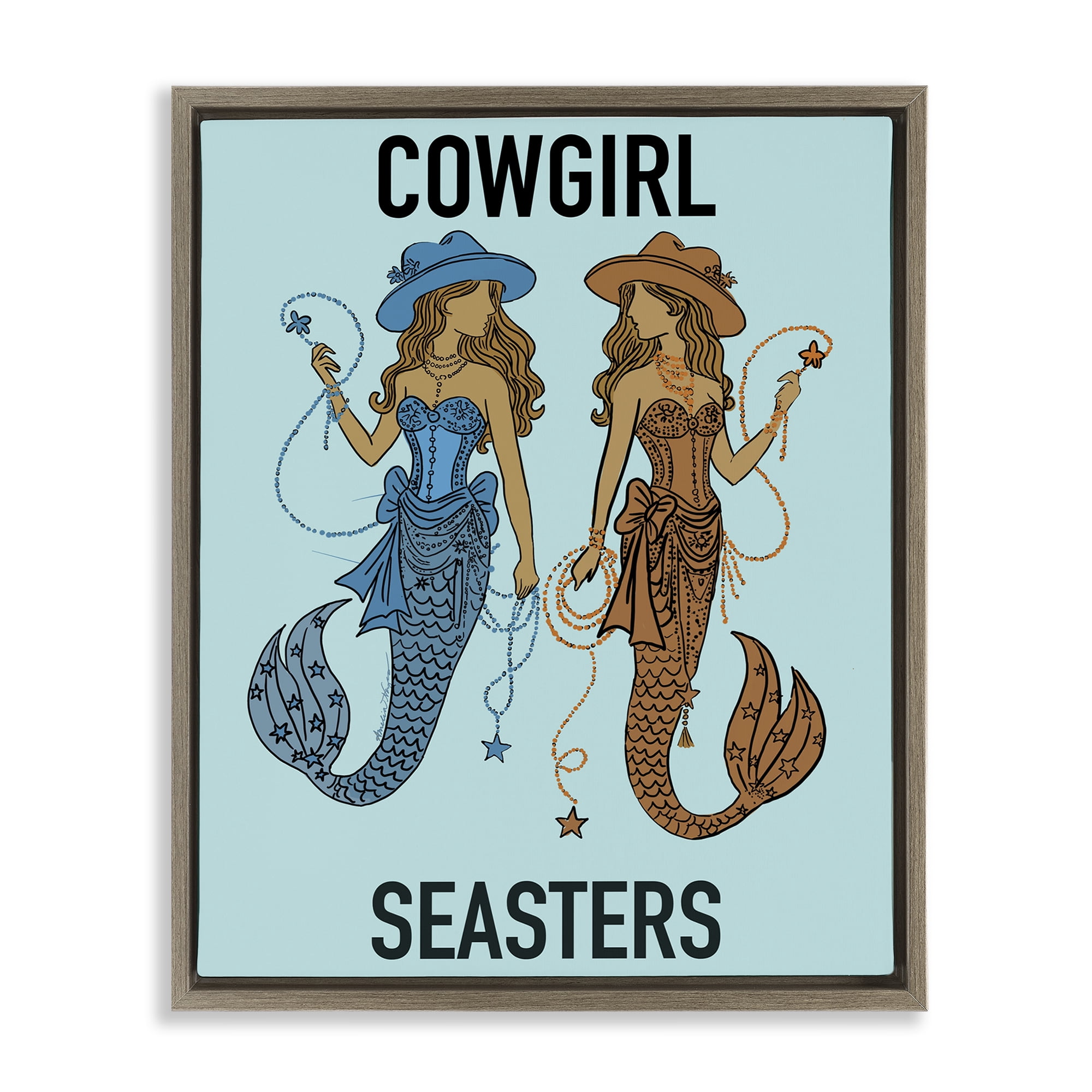 Cowgirl Seasters Mermaid Friendship Brown Framed Floater Canvas Wall Art, design by Amelia Noyes