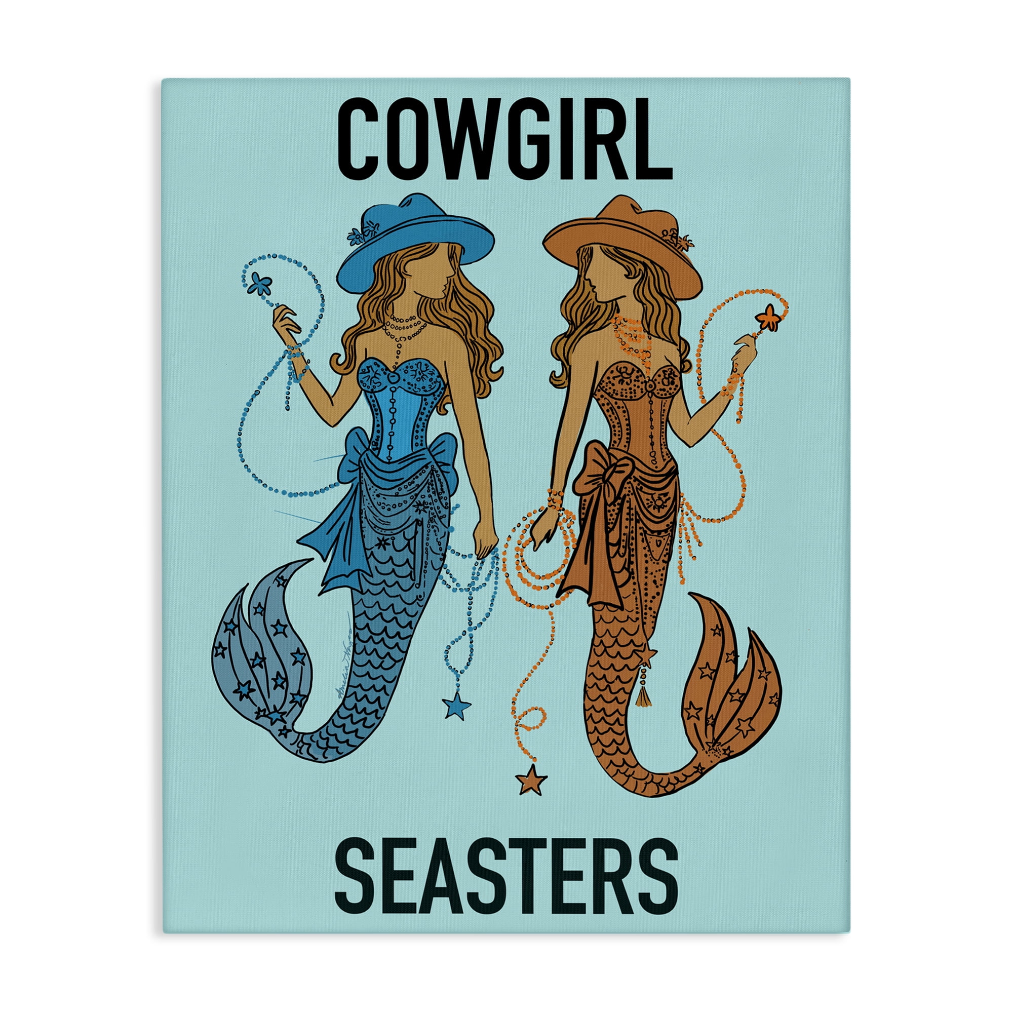 Cowgirl Seasters Mermaid Friendship Canvas Wall Art, design by Amelia Noyes